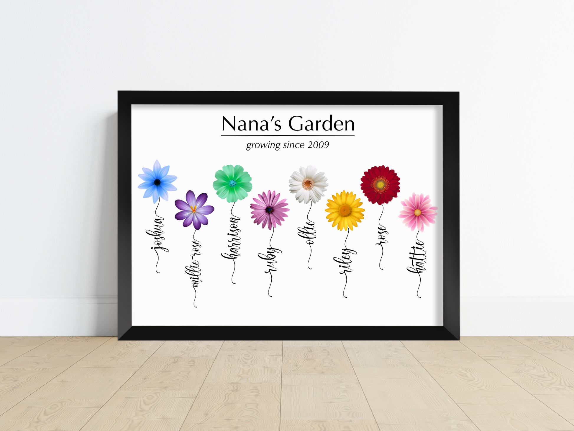 A personalised flower print showcasing vibrant blooms with personalised name stalks, perfect for housewarming gifts, Mother’s Day, or adding a touch of beauty to your family home.