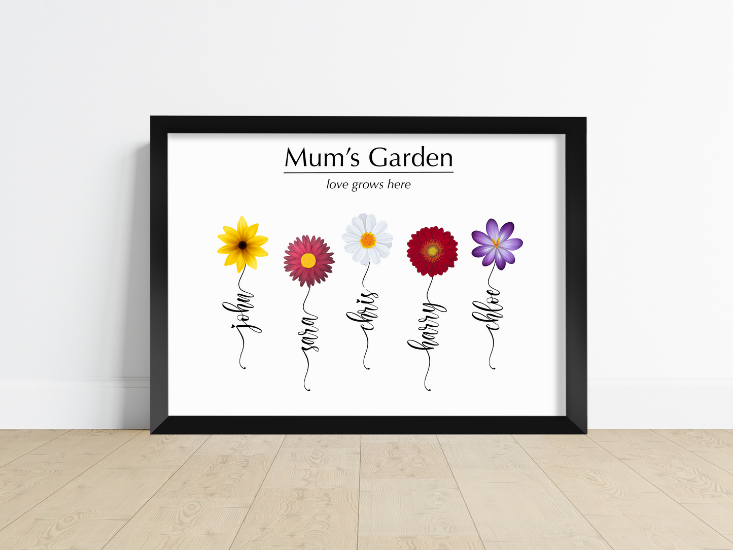 A personalised flower print showcasing vibrant blooms with personalised name stalks, perfect for housewarming gifts, Mother’s Day, or adding a touch of beauty to your family home.