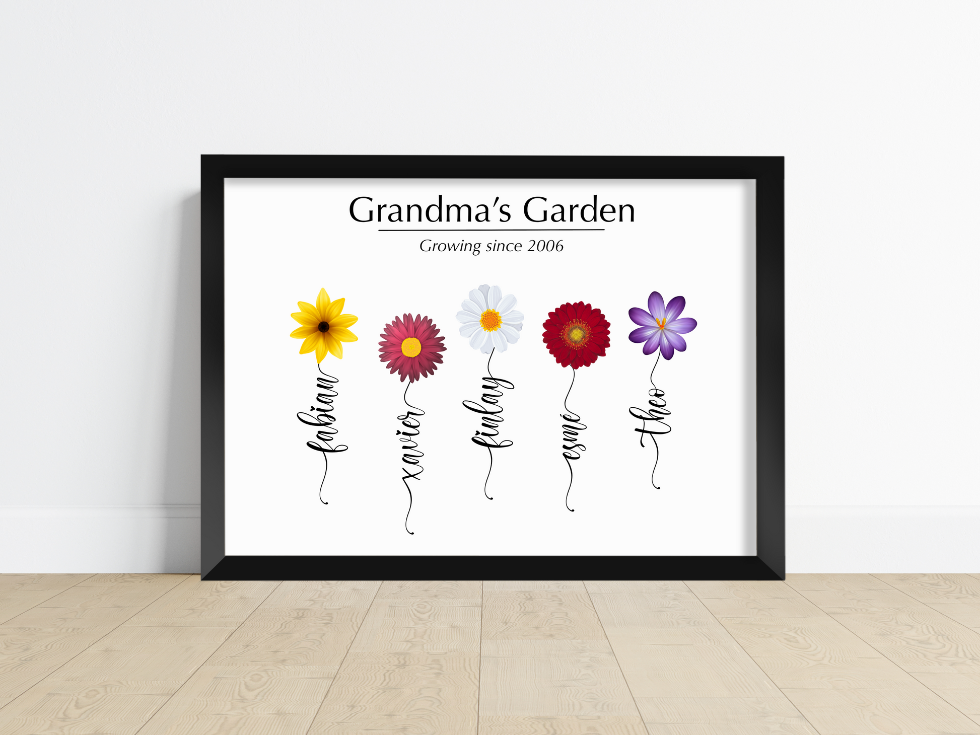 A personalised flower print showcasing vibrant blooms with personalised name stalks, perfect for housewarming gifts, Mother’s Day, or adding a touch of beauty to your family home.