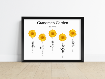 A personalised flower print showcasing vibrant blooms with personalised name stalks, perfect for housewarming gifts, Mother’s Day, or adding a touch of beauty to your family home.