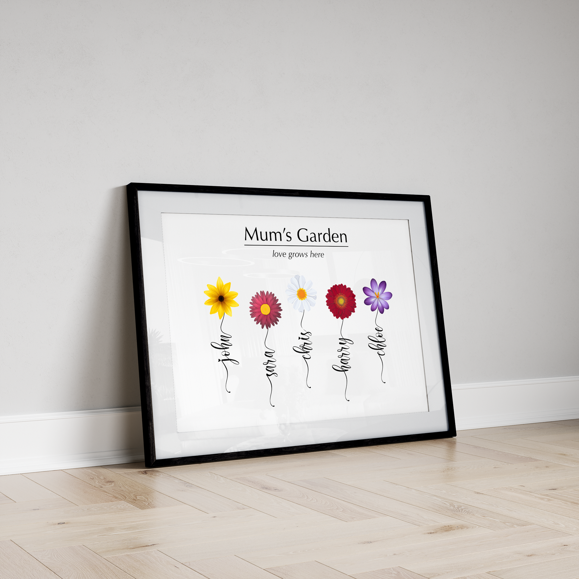 A personalised flower print showcasing vibrant blooms with personalised name stalks, perfect for housewarming gifts, Mother’s Day, or adding a touch of beauty to your family home.