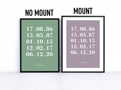 A beautifully framed Personalised Family Dates Print displayed on a wall. The print showcases a clean and minimalist design with customisable dates representing significant milestones. It serves as a heartfelt reminder of cherished memories and makes an ideal gift for weddings, housewarmings, or as a stylish addition to any family home.