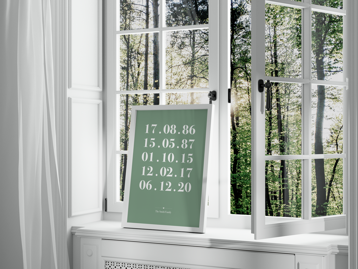 A beautifully framed Personalised Family Dates Print displayed on a wall. The print showcases a clean and minimalist design with customisable dates representing significant milestones. It serves as a heartfelt reminder of cherished memories and makes an ideal gift for weddings, housewarmings, or as a stylish addition to any family home.