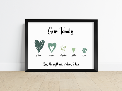 A heartwarming family portrait with a personalised print featuring interconnected hearts representing family members. The print is elegantly designed with vibrant colours and names of each family member within the hearts. Perfect for displaying love and connection in any home.