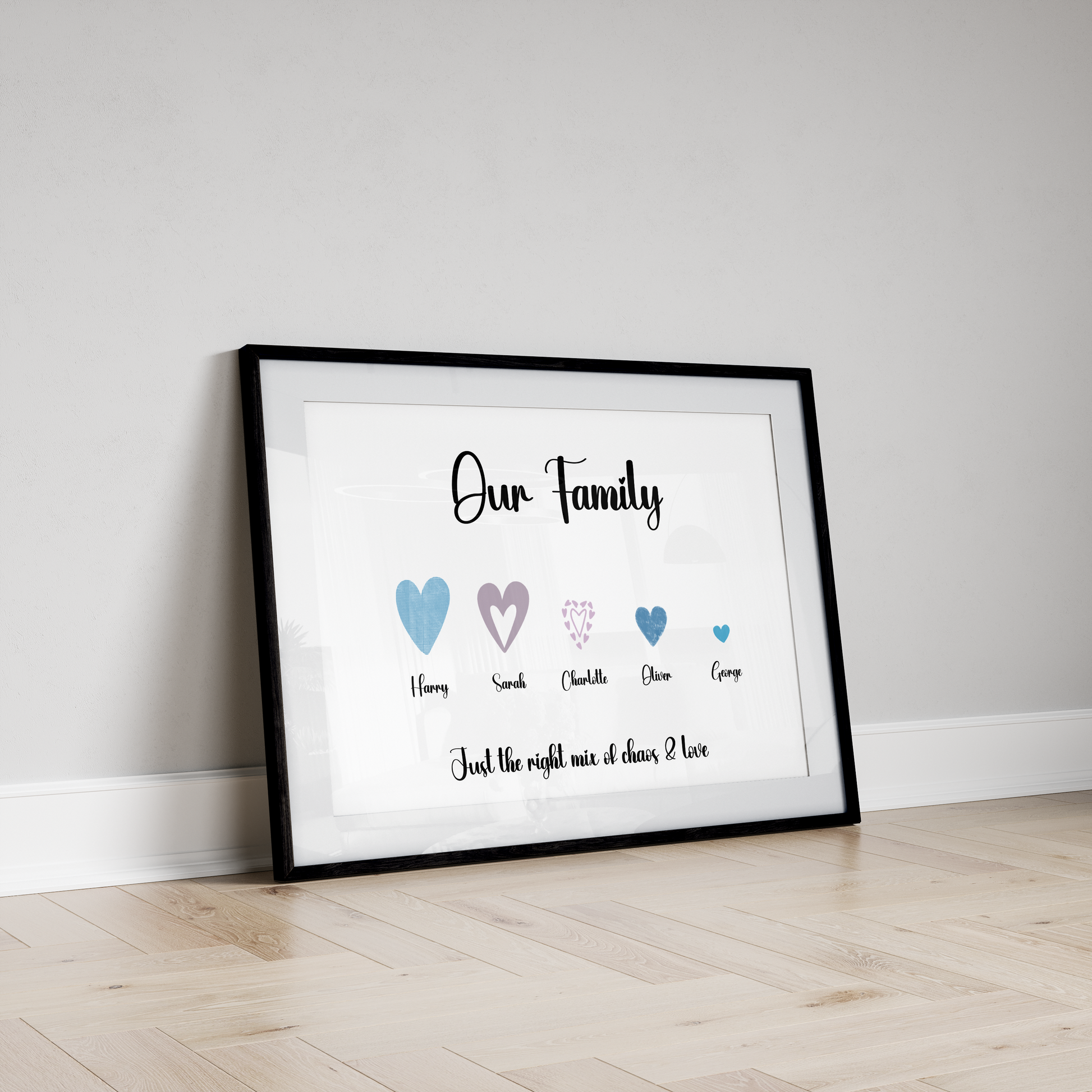 A heartwarming family portrait with a personalised print featuring interconnected hearts representing family members. The print is elegantly designed with vibrant colours and names of each family member within the hearts. Perfect for displaying love and connection in any home.