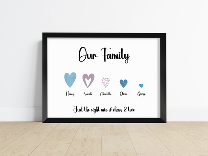 A heartwarming family portrait with a personalised print featuring interconnected hearts representing family members. The print is elegantly designed with vibrant colours and names of each family member within the hearts. Perfect for displaying love and connection in any home.