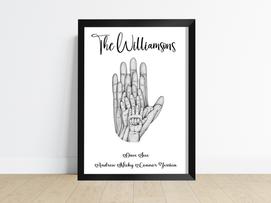 A heartwarming Personalised Family Hand Print with the hands of parents and children, symbolizing the unbreakable bond of love. Customizable colors add a personal touch to this beautiful keepsake, perfect for gifting or displaying in your home.