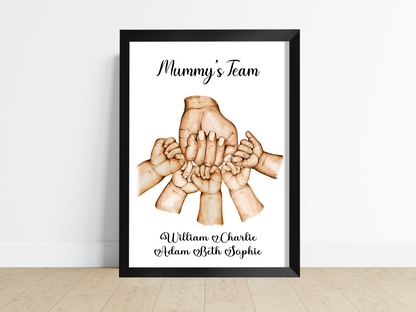 A heartwarming family print captures the bond between a loving mum and her child/children. The image showcases a proud and joyous mum, extending her clenched fist in an exuberant fist pump, while her child/children mirror the same gesture, their faces beaming with excitement and delight. This personalised artwork celebrates the special connection between a mum and her child/children, radiating love, support, and shared triumphs.