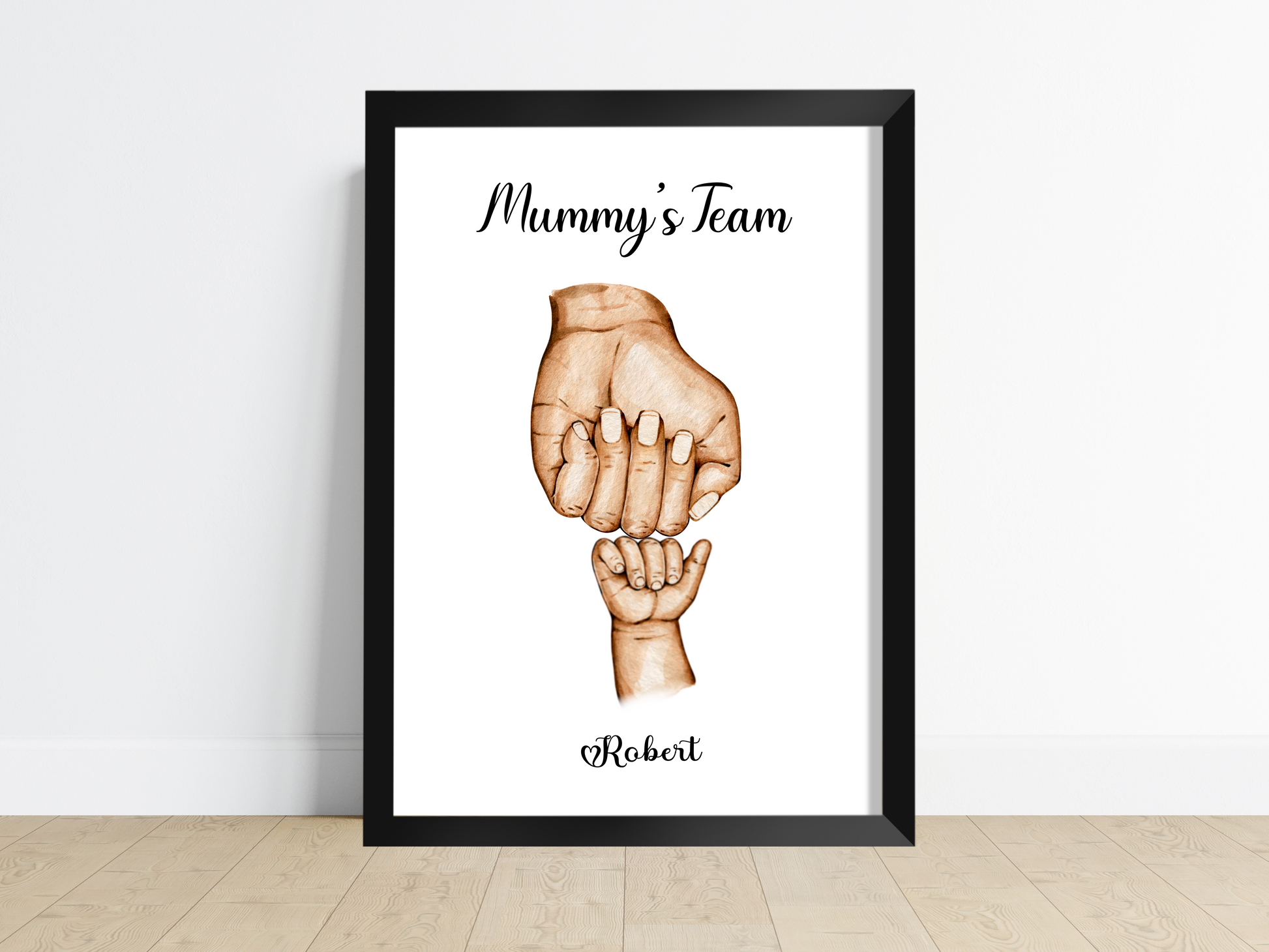 A heartwarming family print captures the bond between a loving mum and her child/children. The image showcases a proud and joyous mum, extending her clenched fist in an exuberant fist pump, while her child/children mirror the same gesture, their faces beaming with excitement and delight. This personalised artwork celebrates the special connection between a mum and her child/children, radiating love, support, and shared triumphs.