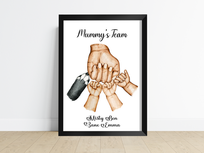 A heartwarming family print captures the bond between a loving mum and her child/children. The image showcases a proud and joyous mum, extending her clenched fist in an exuberant fist pump, while her child/children mirror the same gesture, their faces beaming with excitement and delight. This personalised artwork celebrates the special connection between a mum and her child/children, radiating love, support, and shared triumphs.