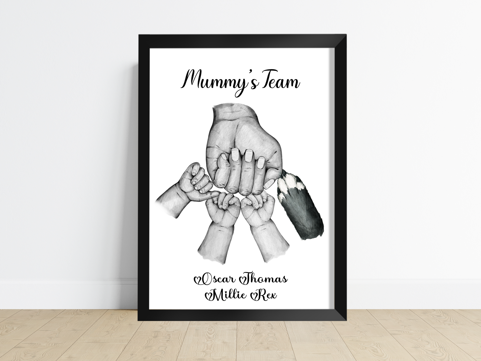 A heartwarming family print captures the bond between a loving mum and her child/children. The image showcases a proud and joyous mum, extending her clenched fist in an exuberant fist pump, while her child/children mirror the same gesture, their faces beaming with excitement and delight. This personalised artwork celebrates the special connection between a mum and her child/children, radiating love, support, and shared triumphs.