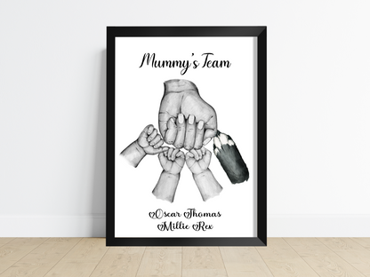 A heartwarming family print captures the bond between a loving mum and her child/children. The image showcases a proud and joyous mum, extending her clenched fist in an exuberant fist pump, while her child/children mirror the same gesture, their faces beaming with excitement and delight. This personalised artwork celebrates the special connection between a mum and her child/children, radiating love, support, and shared triumphs.