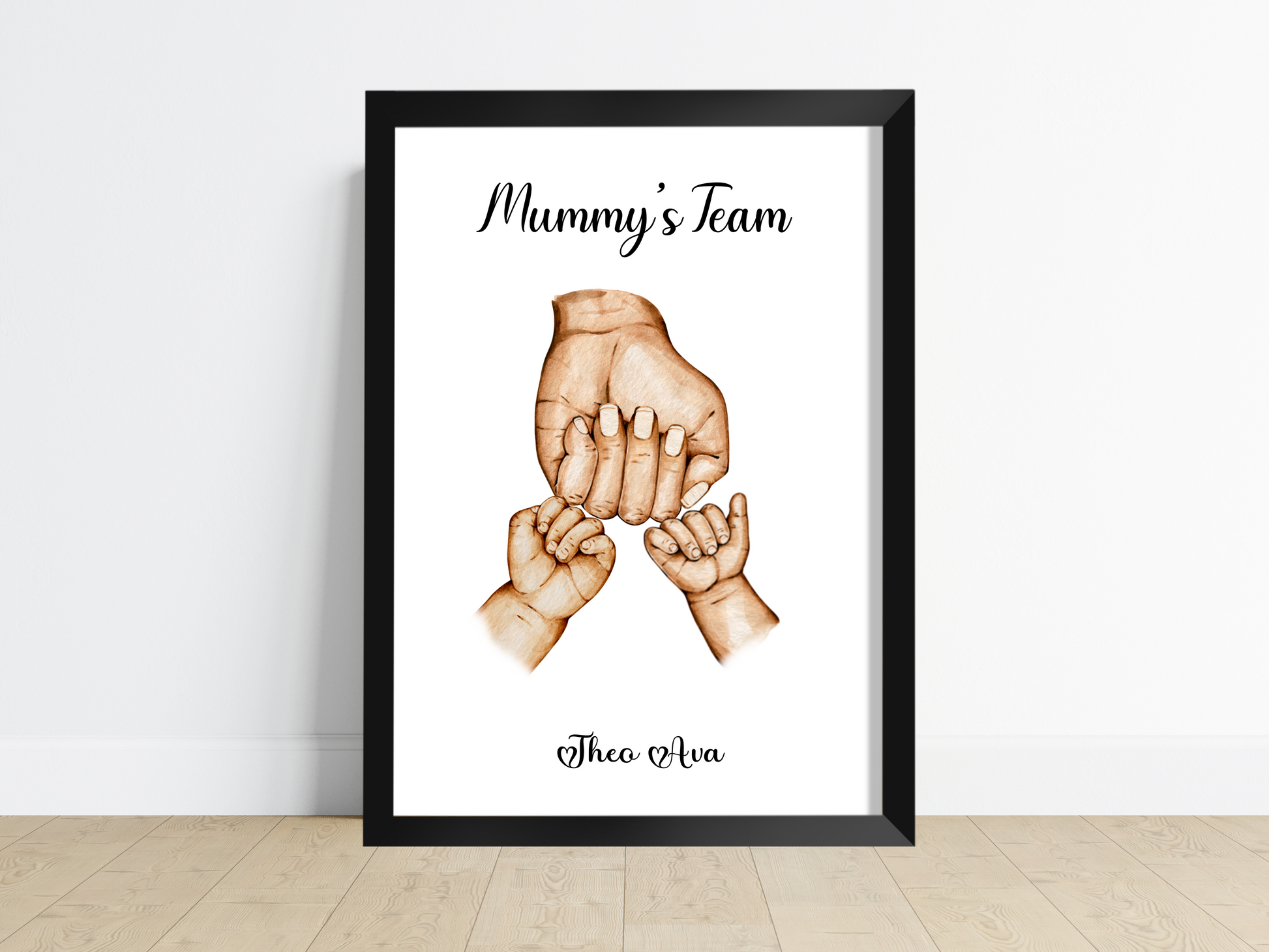 A heartwarming family print captures the bond between a loving mum and her child/children. The image showcases a proud and joyous mum, extending her clenched fist in an exuberant fist pump, while her child/children mirror the same gesture, their faces beaming with excitement and delight. This personalised artwork celebrates the special connection between a mum and her child/children, radiating love, support, and shared triumphs.