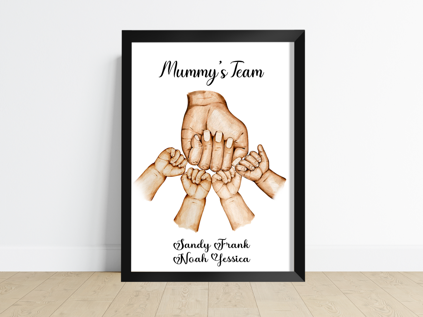 A heartwarming family print captures the bond between a loving mum and her child/children. The image showcases a proud and joyous mum, extending her clenched fist in an exuberant fist pump, while her child/children mirror the same gesture, their faces beaming with excitement and delight. This personalised artwork celebrates the special connection between a mum and her child/children, radiating love, support, and shared triumphs.