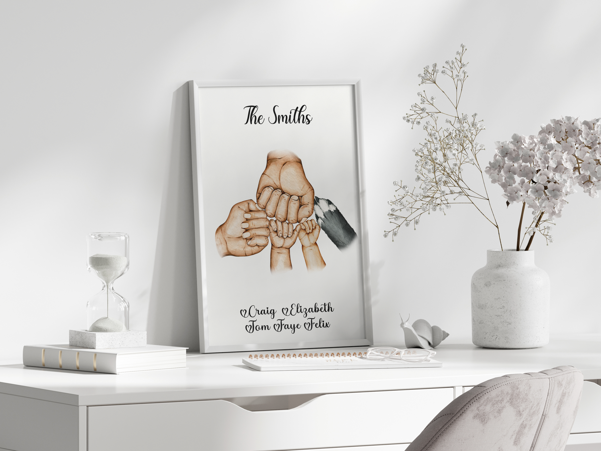 Personalised Father's Fist Bump picture: A father and his kids, along with their furry friend, sharing a heartwarming fist bump. This captured moment symbolises the love and connection within a family, creating a cherished memory for Father's Day and beyond.