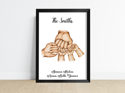 Personalised Father's Fist Bump picture: A father and his kids, along with their furry friend, sharing a heartwarming fist bump. This captured moment symbolises the love and connection within a family, creating a cherished memory for Father's Day and beyond.