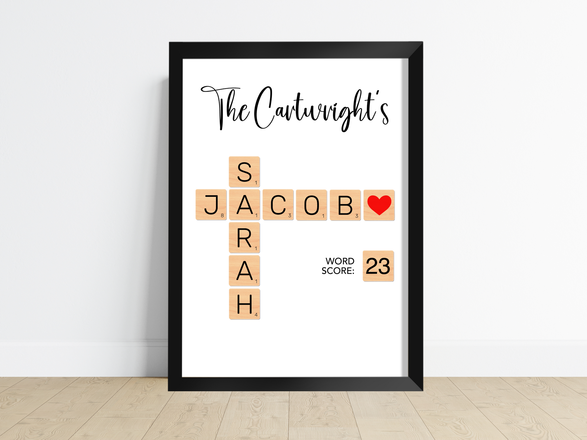 Custom Scrabble Tile Art featuring names and titles, elegantly framed. Perfect for personal gifts and home decor.