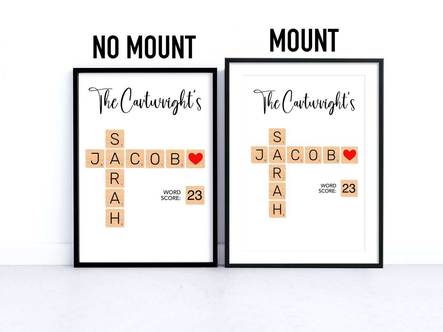 Custom Scrabble Tile Art featuring names and titles, elegantly framed. Perfect for personal gifts and home decor.