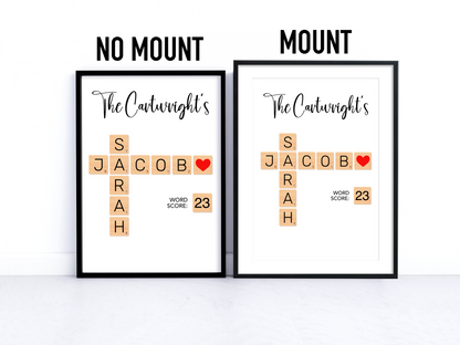 Custom Scrabble Tile Art featuring names and titles, elegantly framed. Perfect for personal gifts and home decor.