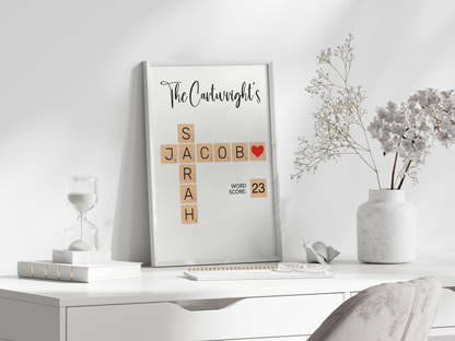 Custom Scrabble Tile Art featuring names and titles, elegantly framed. Perfect for personal gifts and home decor.