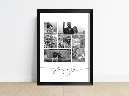 A beautifully framed personalised print featuring up to 9 cherished photos. Customisable title and quote options. Perfect for housewarming gifts, Father's Day, or adding a personal touch to a family home.