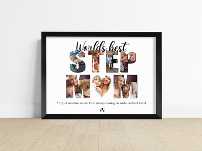 An image of a beautifully framed home decor print with the word "step mum" spelled out using personalised photographs. The print showcases a collection of cherished memories captured in each letter, symbolising the love and bond between a step mother and her family. It serves as a meaningful gift for Mother's Day or a birthday, evoking warm emotions and creating a lasting tribute to the extraordinary love of a step mother. 