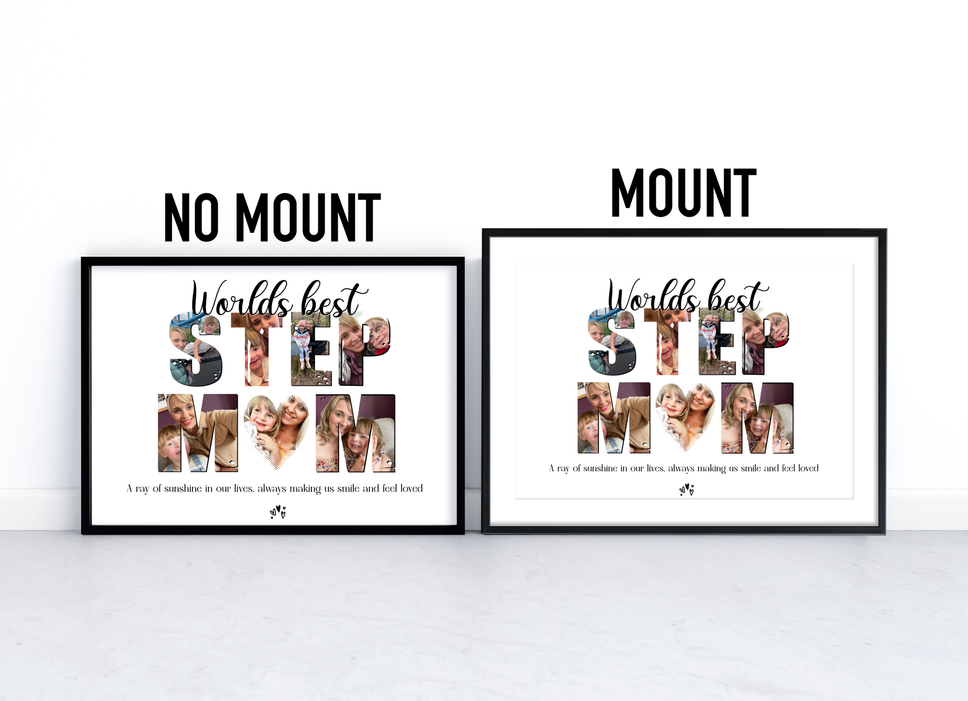 An image of a beautifully framed home decor print with the word "step mum" spelled out using personalised photographs. The print showcases a collection of cherished memories captured in each letter, symbolising the love and bond between a step mother and her family. It serves as a meaningful gift for Mother's Day or a birthday, evoking warm emotions and creating a lasting tribute to the extraordinary love of a step mother. 