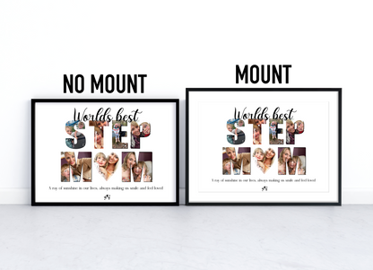 An image of a beautifully framed home decor print with the word "step mum" spelled out using personalised photographs. The print showcases a collection of cherished memories captured in each letter, symbolising the love and bond between a step mother and her family. It serves as a meaningful gift for Mother's Day or a birthday, evoking warm emotions and creating a lasting tribute to the extraordinary love of a step mother. 