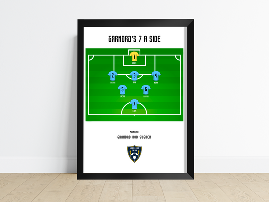 Personalised home decor print: 'Grandad's Great XI.' Football pitch design with 11 grandchild names. Thoughtful gift capturing cherished memories.