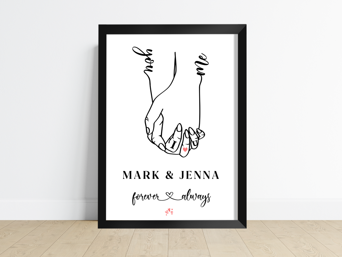 Personalised Love Embrace: Couple's hands etched with names. Perfect Valentine's Day gift - framed and ready to cherish!"