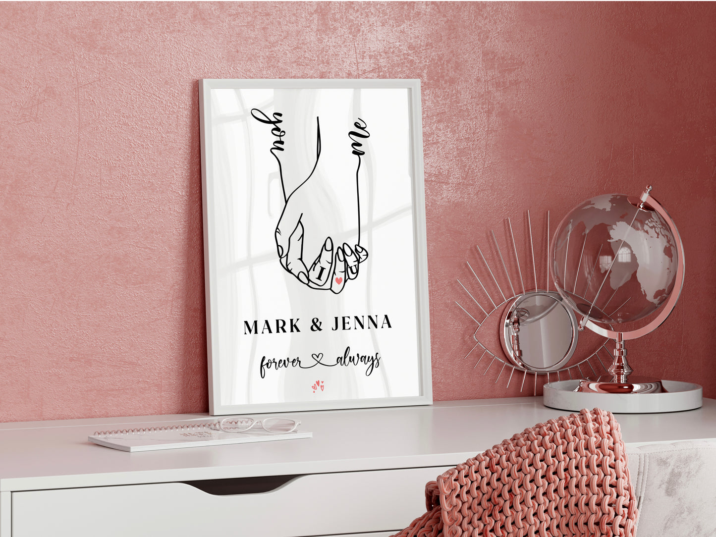 Personalised Love Embrace: Couple's hands etched with names. Perfect Valentine's Day gift - framed and ready to cherish!"