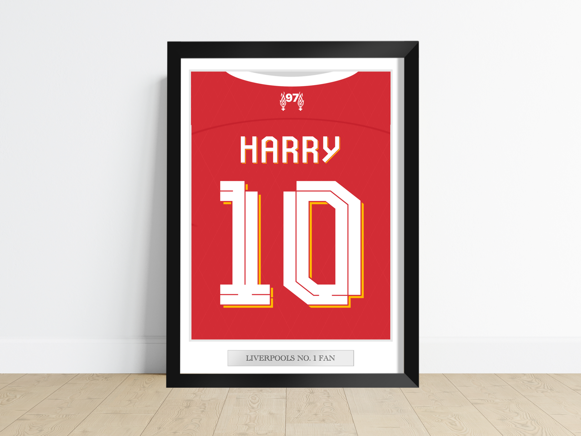 A personalised sports jersey back print hung on a wall in a tastefully decorated room, proudly featuring the team colours and custom name and number. Ideal for enhancing the ambiance in a child's bedroom, man cave, or sports bar