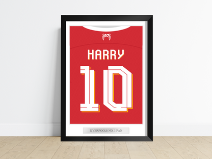 A personalised sports jersey back print hung on a wall in a tastefully decorated room, proudly featuring the team colours and custom name and number. Ideal for enhancing the ambiance in a child's bedroom, man cave, or sports bar