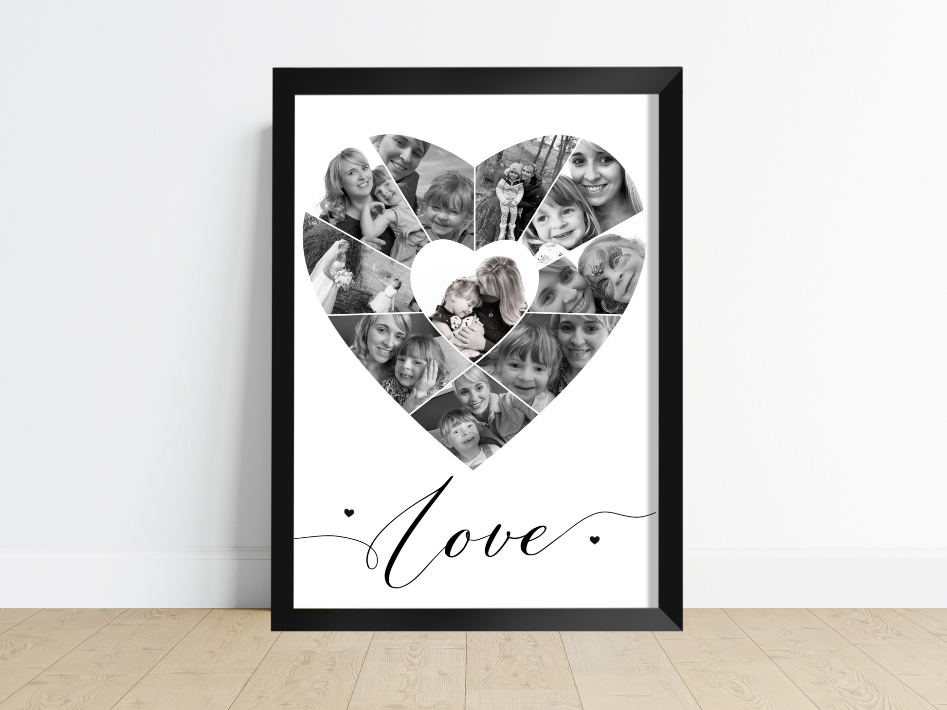 A captivating heart-shaped collage home decor print featuring a collection of personalised photos arranged in the shape of a heart. Custom text adds an expressive touch. Perfect as a heartfelt gift for loved ones, suitable for couples, families, friends, and special occasions.