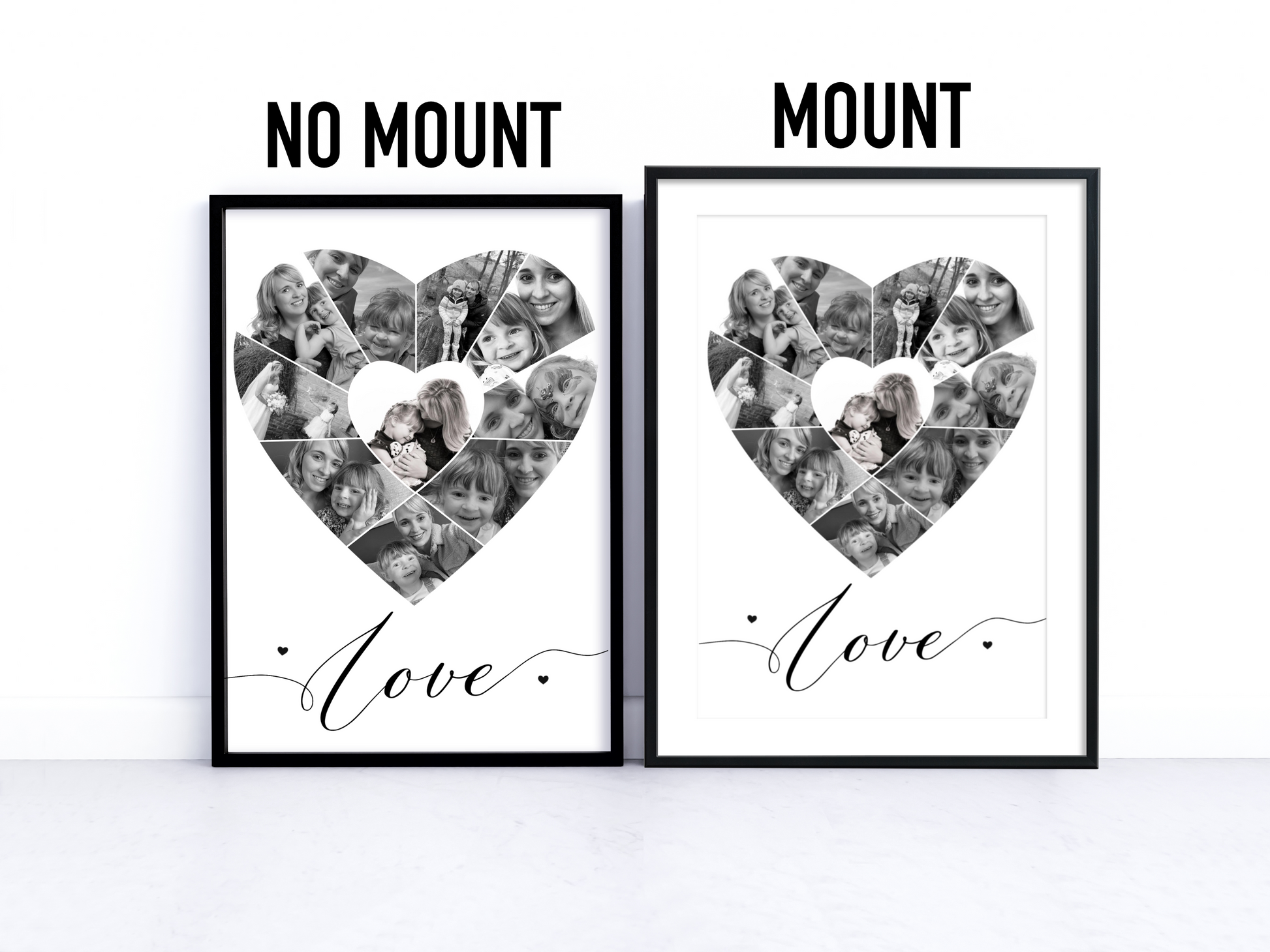 A captivating heart-shaped collage home decor print featuring a collection of personalised photos arranged in the shape of a heart. Custom text adds an expressive touch. Perfect as a heartfelt gift for loved ones, suitable for couples, families, friends, and special occasions.