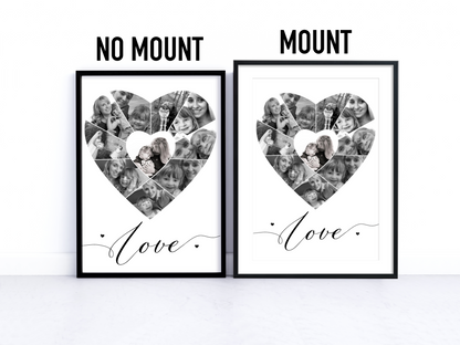 A captivating heart-shaped collage home decor print featuring a collection of personalised photos arranged in the shape of a heart. Custom text adds an expressive touch. Perfect as a heartfelt gift for loved ones, suitable for couples, families, friends, and special occasions.