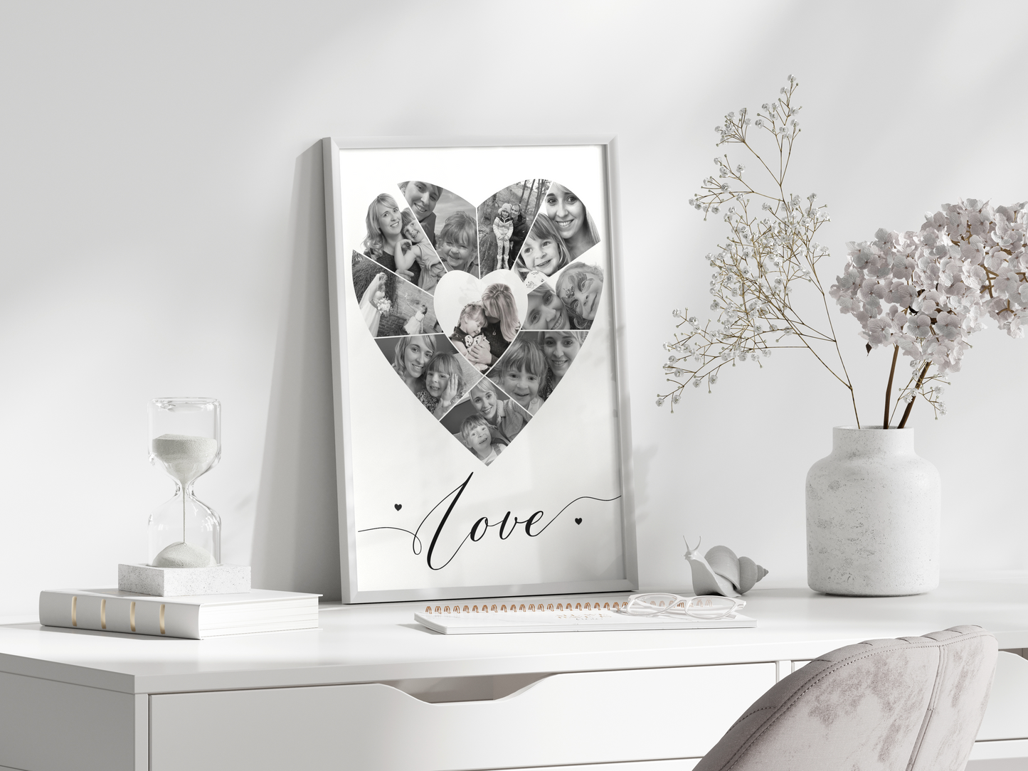 A captivating heart-shaped collage home decor print featuring a collection of personalised photos arranged in the shape of a heart. Custom text adds an expressive touch. Perfect as a heartfelt gift for loved ones, suitable for couples, families, friends, and special occasions.