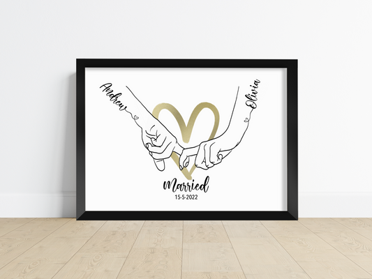 A Personalised Handprint Artwork with Interlocking Hands in the Shape of a Heart, symbolising eternal love and unity. Customisable names integrated into the design. Perfect for weddings, anniversaries, or housewarming gifts, or as a beautiful addition to a family home.