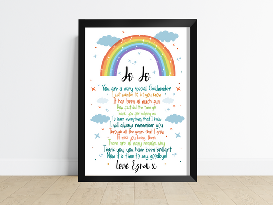 Personalised Rainbow Childminder Gift Print Thank You Teacher