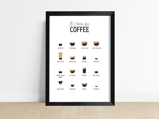 Home decor coffee print featuring various types of coffee on a rustic wooden table. Perfect for coffee lovers, adding elegance and sparking conversations.