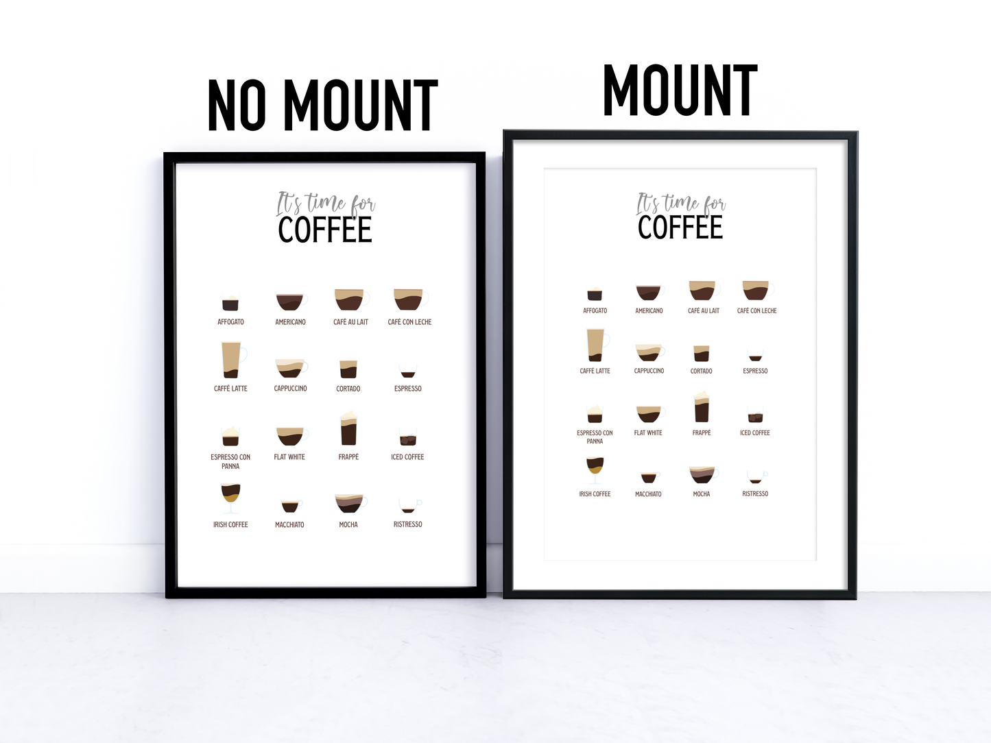 Home decor coffee print featuring various types of coffee on a rustic wooden table. Perfect for coffee lovers, adding elegance and sparking conversations.