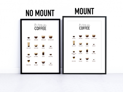 Home decor coffee print featuring various types of coffee on a rustic wooden table. Perfect for coffee lovers, adding elegance and sparking conversations.