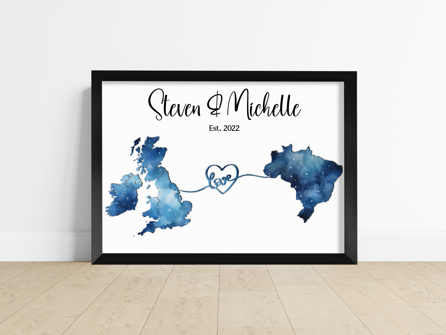 A close-up view of a beautifully designed map poster featuring two countries interconnected by a heart symbol, with customizable names and text overlay. Ideal for commemorating special connections and cherished memories.