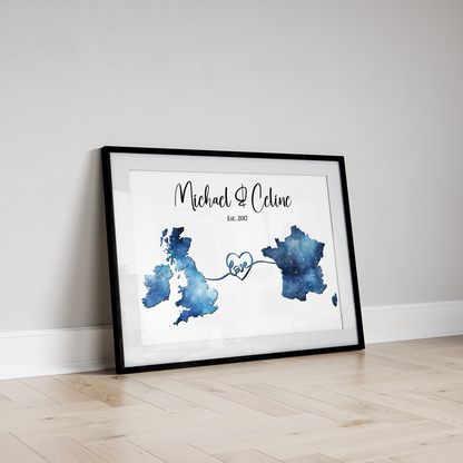 A close-up view of a beautifully designed map poster featuring two countries interconnected by a heart symbol, with customizable names and text overlay. Ideal for commemorating special connections and cherished memories.