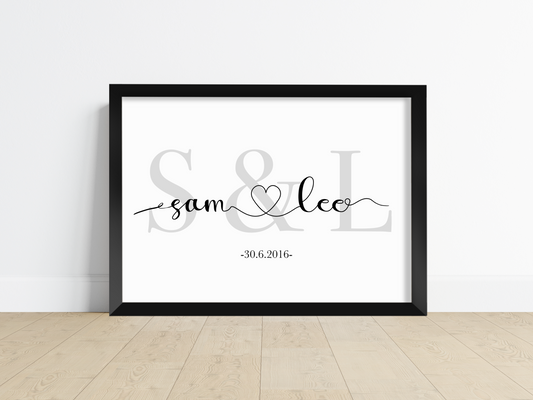 "Personalised love print: names, initials, & special date by Duffy's Creations. Perfect gift for any romantic occasion - framed or unframed