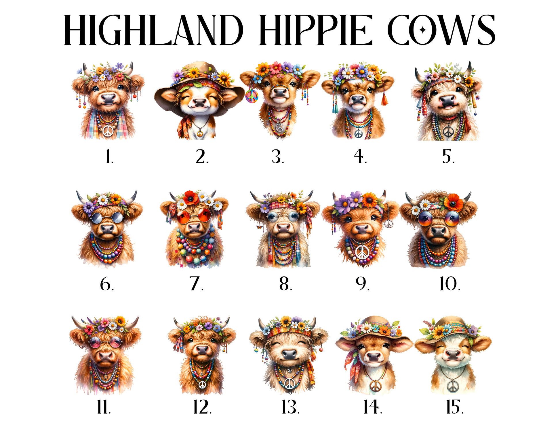 Custom Cow Family Home Decor Print: Floral, Bow, and Hippie-themed cows personalized with names and ages.