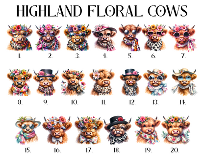 Custom Cow Family Home Decor Print: Floral, Bow, and Hippie-themed cows personalized with names and ages.