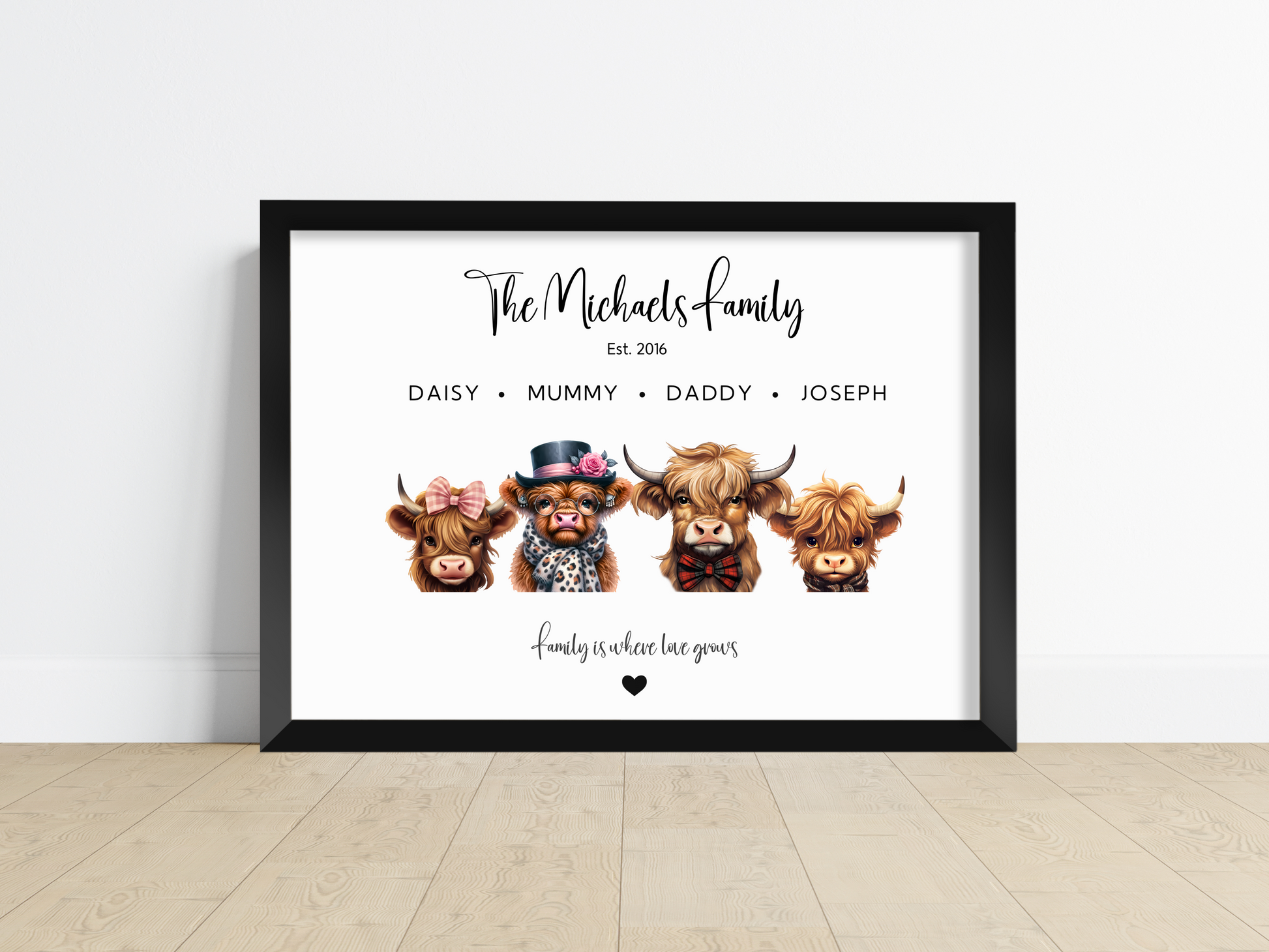 Custom Cow Family Home Decor Print: Floral, Bow, and Hippie-themed cows personalized with names and ages.