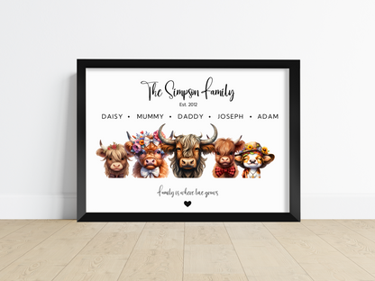 Custom Cow Family Home Decor Print: Floral, Bow, and Hippie-themed cows personalized with names and ages.