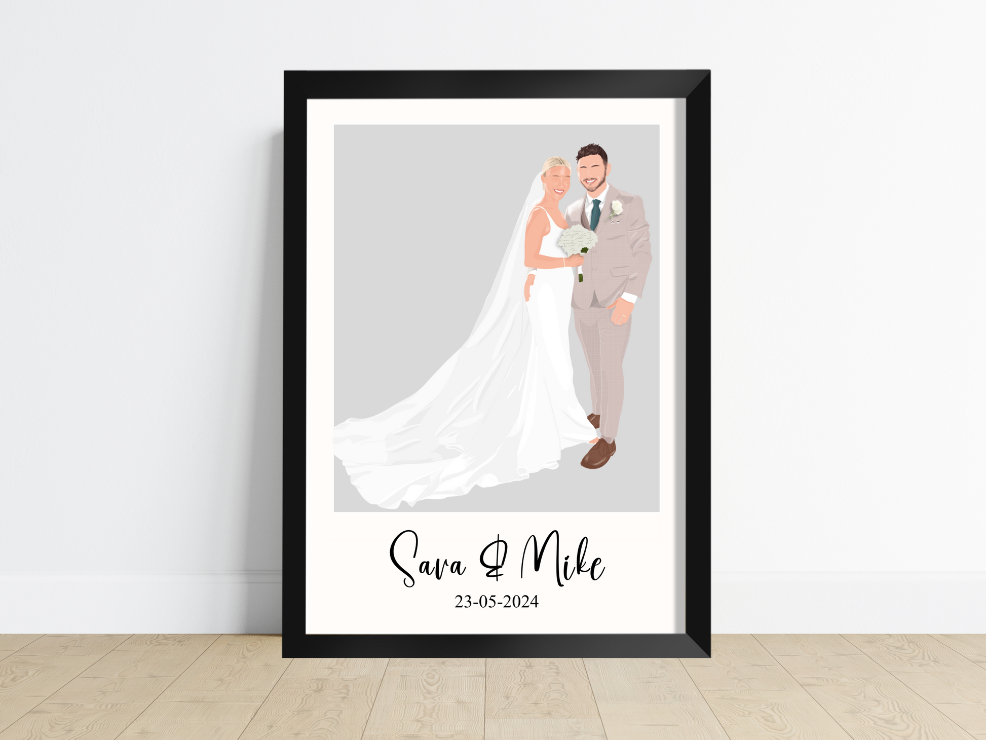 Original hand-drawn faceless wedding  portrait depicting unique facial expression, emphasizing emotion through intricate lines and shading